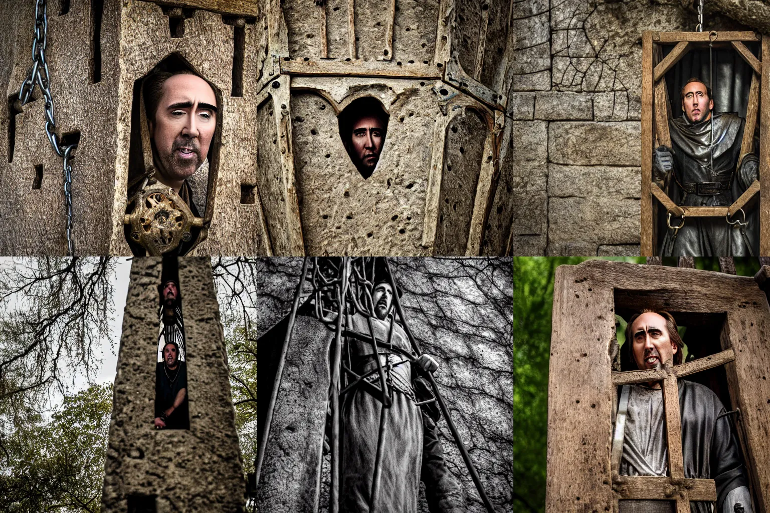 Prompt: Nicholas Cage imprisoned inside a medieval gibbet-cage hanging from an oak tree XF IQ4, f/1.4, ISO 200, 1/160s, 8K, RAW, unedited, symmetrical balance, in-frame