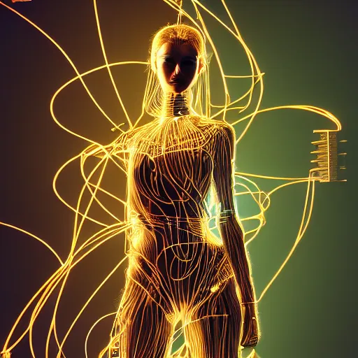 Image similar to a beautiful body of a pilot woman partially made of wires and electronic circuits, an ultrafine detailed illustration by james jean, final fantasy, intricate linework, bright colors, behance contest winner, vanitas, angular, altermodern, unreal engine 5 highly rendered, global illumination, radiant light, detailed and intricate environment