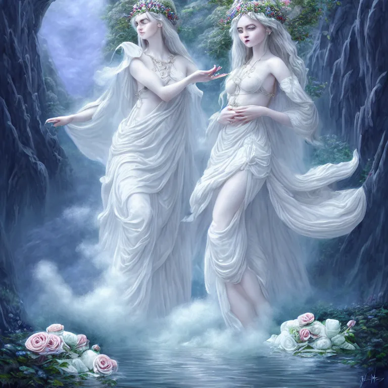 Image similar to meredit frampton style : the goddess of the lake with a large magnificent vaporous wrapped hight decorated, detailed, white roses organze cotton dress, highly detailed, d & d, water everwhere fantasy, highly detailed, digital painting, trending on artstation, concept art, sharp focus, global illumination, ray tracing, illustration, art by artgerm, fine art