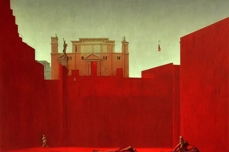 Image similar to only with red, caesar after war, the deal, a red tiger, in hoc signo vinces, rome in background, an ancient path, in the style of beksinski, part by hopper, part by rodcenko, part by hofbauer, intricate composition, red by caravaggio, insanely quality, highly detailed, masterpiece, red light, artstation