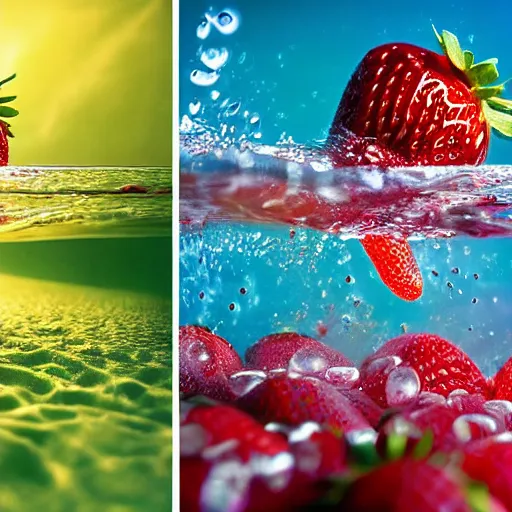 Image similar to advertise photo of strawberry, splash underwater! photoshop edit, golden ratio