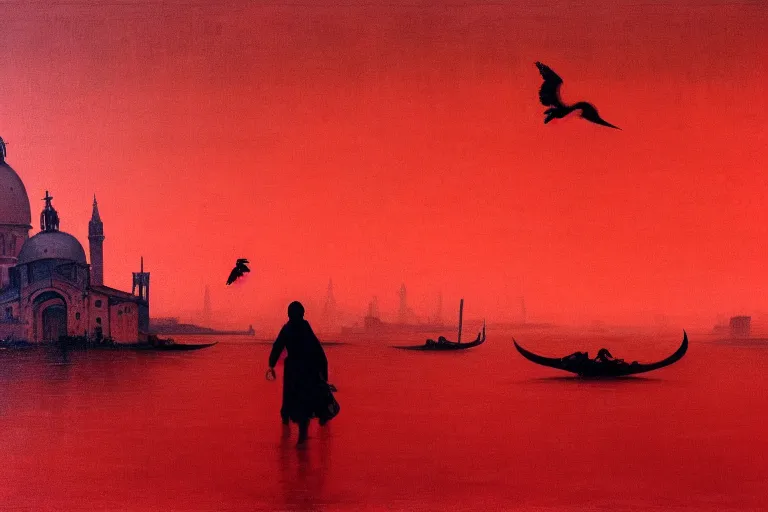 Image similar to only with red, a red dystopic knight, venice, flock of birds in the red sky, in the style of beksinski, parts by edward hopper, parts by rodcenko, parts by yue minjun, intricate and epic composition, red by caravaggio, insanely quality, highly detailed, masterpiece, red light, artstation, 4 k