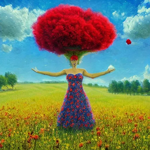 Image similar to giant red flower afro, full body, girl floating in the middle of a field with flowers, surreal photography, hills, sunrise dramatic light, impressionist painting, colorful clouds, digital painting, pointillism, artstation, simon stalenhag