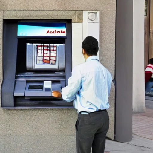 Prompt: man withdrawing a stack of fish from an atm, realistic