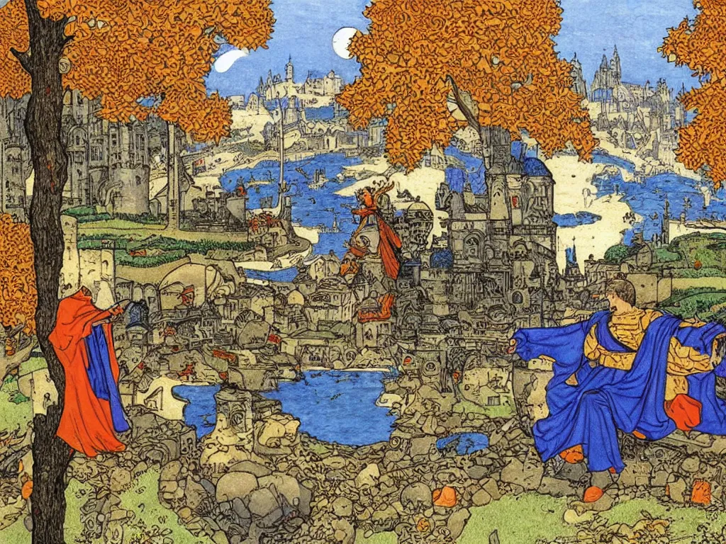 Prompt: cyberpunk king man with hovercraft at a castle in autumn. painting by limbourg brothers, moebius