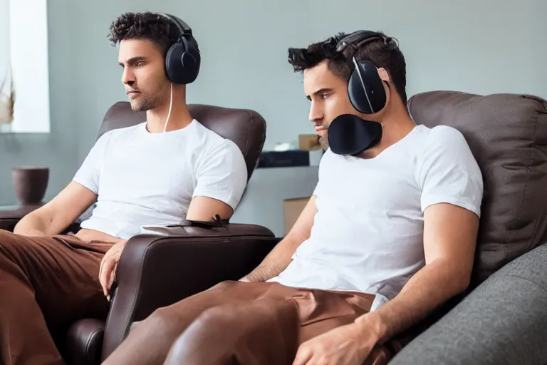 Prompt: a man that is deep in thought is wearing a white t - shirt and black sweat pants and wearing over the ear headphones is sitting in a brown leather reclining chair in a living room