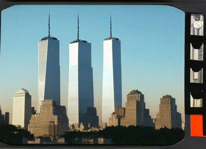 Prompt: 1 9 9 0 s polaroid of the twin towers wtc