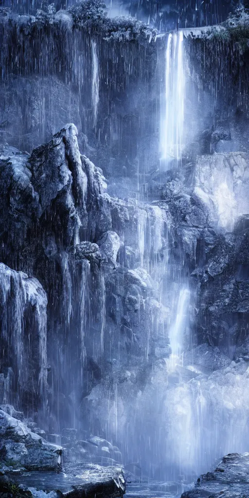 Prompt: photorealistic full shot of waterfall at moonlight, apocalyptic background, snowing, lightning bolt, blue color palette, high detail, unreal engine 4k volumetric light, fog,
