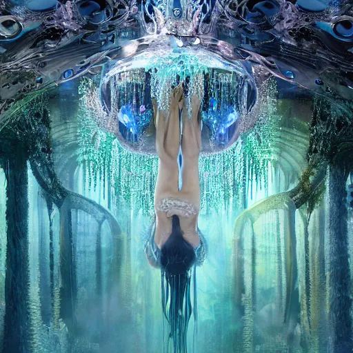 Image similar to under an intricate like jewels epic forest suspended in the air upside down, a pool with intricate and surreal epic circles of water within which float phantasmagoric robotic humanoids, dressed in intricate veils and jewels, epic environment, matte painting, diffused lighting, highly detailed, cinematic, epic atmosphere, digital art, trending on artstation, depth of field, wide angle