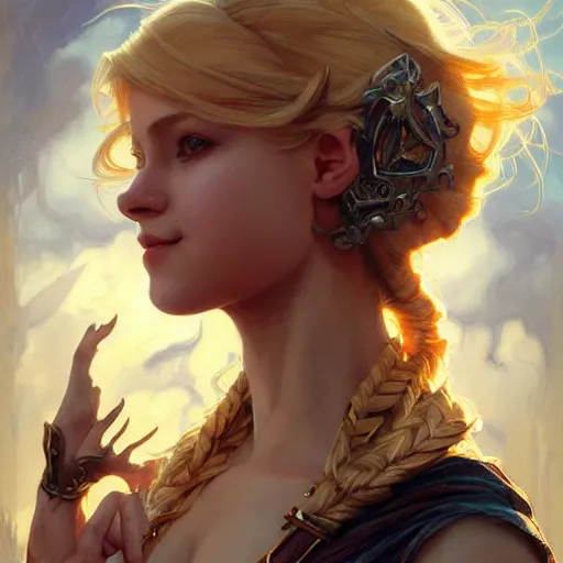 Image similar to an epic fantasy comic book style portrait painting of a young blonde girl thief, d & d, fantasy, joyful smirk, intricate, elegant, highly detailed, digital painting, artstation, concept art, matte, sharp focus, illustration, art by artgerm and greg rutkowski and alphonse mucha