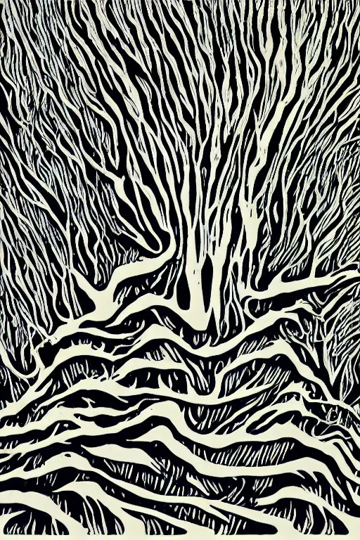 Image similar to reaction diffusion artwork of a winter forest, reaction diffusion linocut, as reaction diffusion