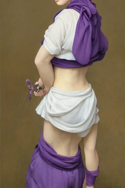 Image similar to Full View girl with short blond hair wearing an oversized purple Beret, Baggy Purple overall shorts, Short Puffy pants made of silk, silk shoes, a big billowy scarf, Golden Ribbon, and white leggings Covered in stars. Short Hair. masterpiece 4k digital illustration by Ruan Jia and Mandy Jurgens and Artgerm and william-adolphe bouguereau, award winning, Artstation, art nouveau aesthetic, Alphonse Mucha background, intricate details, realistic, panoramic view, Hyperdetailed, 8k resolution, intricate art nouveau