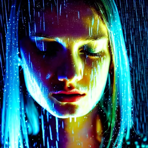 Image similar to bright asthetic portrait LSD glowing backlit rain on face and wet hair in strands, overhead lighting, fantasy, intricate, elegant, dramatic lighting, highly detailed, lifelike, photorealistic, digital painting, artstation, illustration, concept art, smooth, sharp focus, art by John Collier and Albert Aublet and Krenz Cushart and Artem Demura and Alphonse Mucha