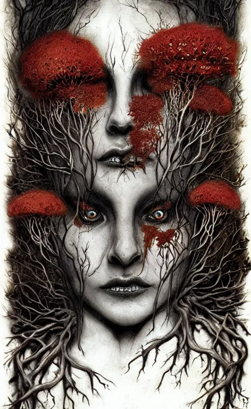 Image similar to rotten tree spirit dryad with a beautiful face and flaming mouth and eyes, mushrooms, fungi, lichen, sketch lines, graphite texture, old parchment, guillermo del toro concept art, justin gerard monsters, intricate ink illustration