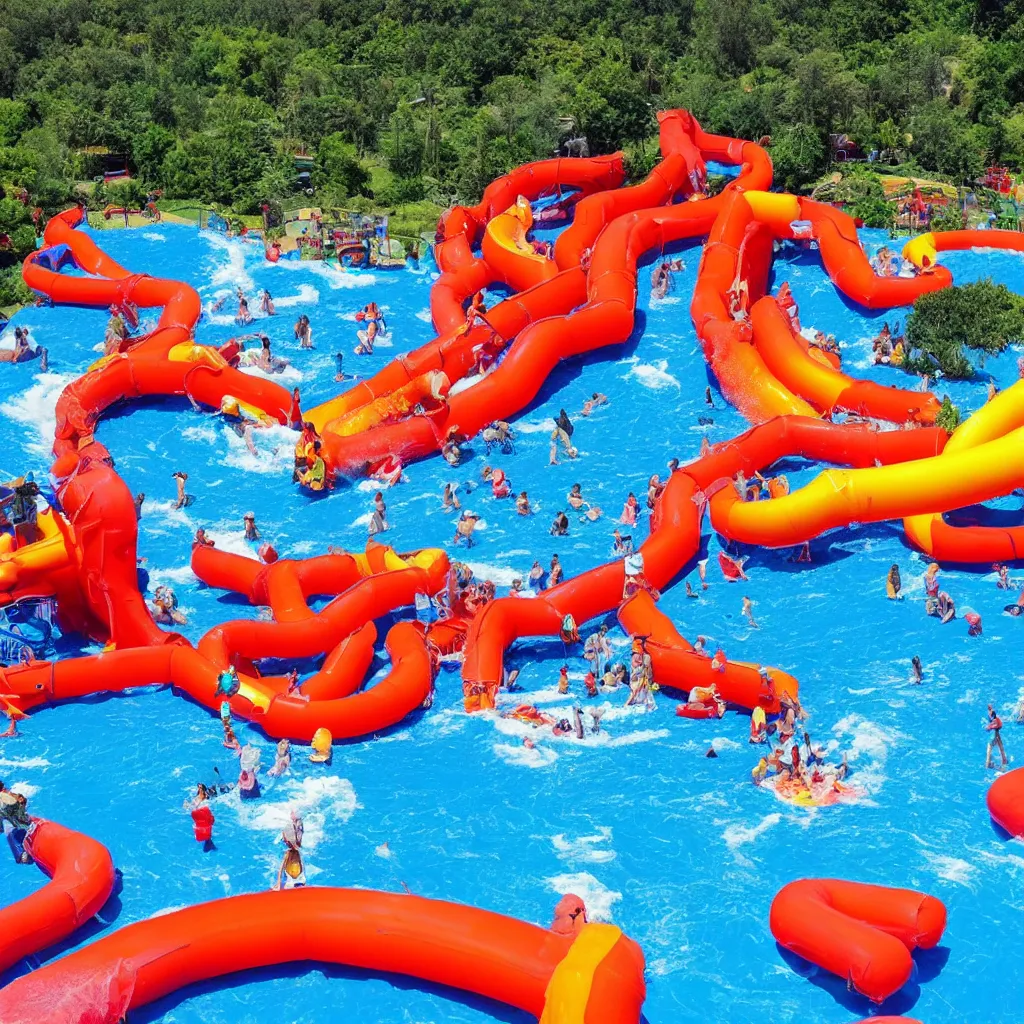 Prompt: an inflatable volcano erupting with water, Water park, wild rivers, raging waters, vacation photo