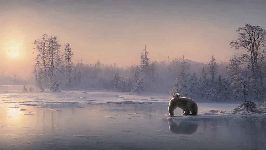 Prompt: the most beautiful panoramic landscape, oil painting, where a giant dreamy lake is frozen, a giant polar bear is exhaling steam while walking over the frozen lake, the frozen lake is reflecting the giant polar bear and the ray lights of the sunrise are brightening him, by greg rutkowski