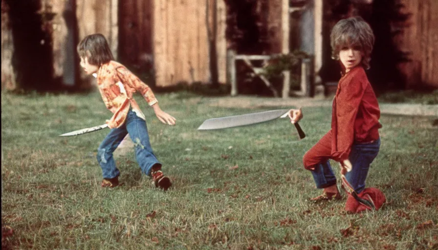 Image similar to 7 0 s film still from a horror movie about children playing with knives and guns, kodachrome, cinecolor, cinestill, film grain, film texture, retro, cinematic, high resolution, photorealism,