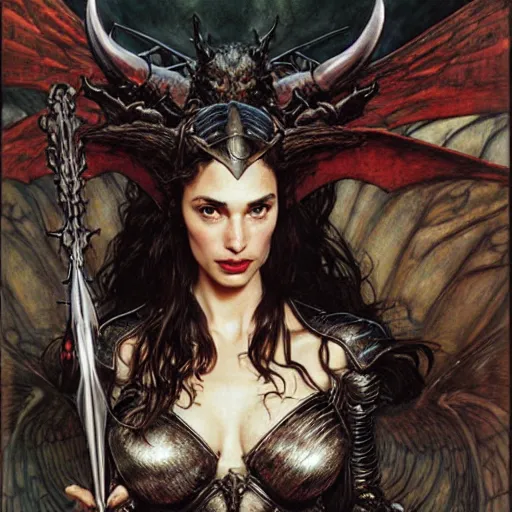 Image similar to head and shoulders portrait of an armored erinyes devil with huge bat wings, portrayed by gal gadot, d & d, fantasy, luis royo, magali villeneuve, donato giancola, wlop, krenz cushart, hans zatka, klimt, alphonse mucha