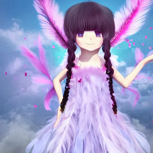 Image similar to little girl with flowers in hair wearing an dress made of feathers, anime style, 8 k, cgi, concept art