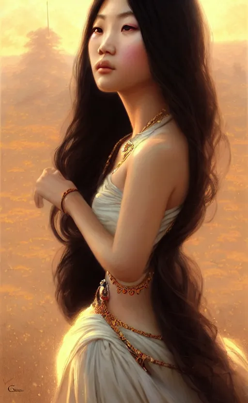 Image similar to a beautiful young charming asian goddess with sundress and jewelry | | winter, realistic shaded, unpleasant face, good looking, fine details, dior, lv, realistic shaded lighting poster by greg rutkowski, macoto takahashi, magali villeneuve, artgerm, jeremy lipkin and michael garmash