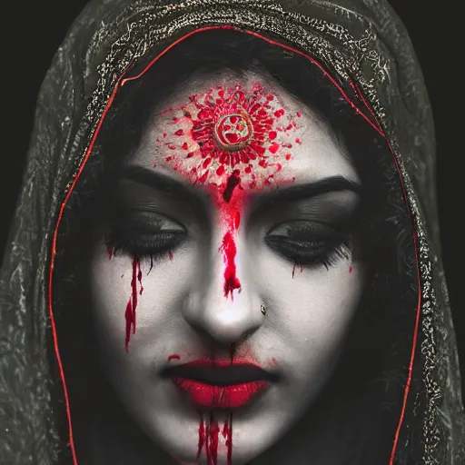 Image similar to beautiful Hindu lady of the dark with veil, in darkness, cover with blood, horror terrifying, soft light, surreal realistic, photorealistic, hyper details, full HD, 8k!