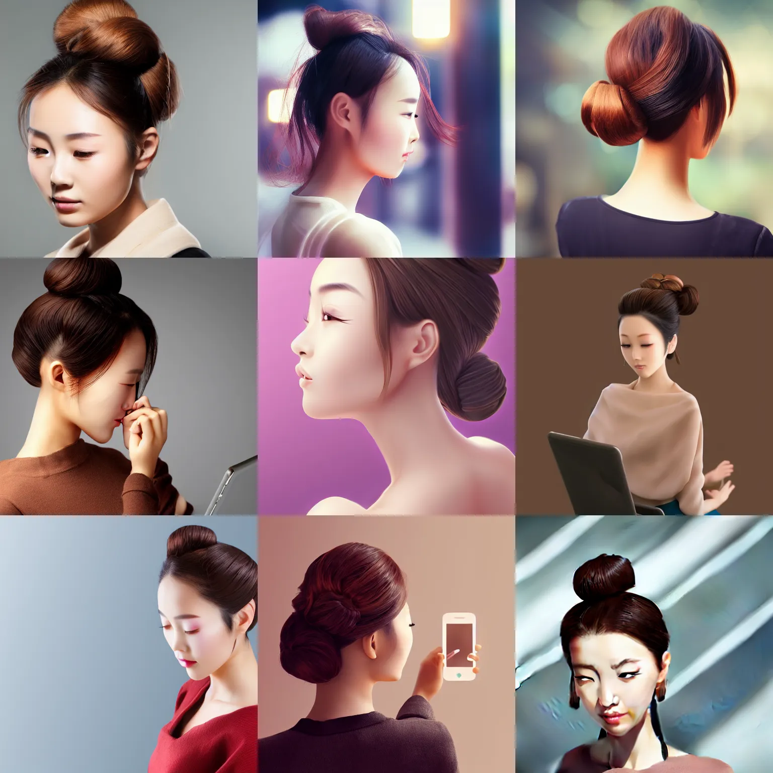 Prompt: light brown updo chinese beauty on the mobile phone facing the computer, overhead view, bokeh, artstation