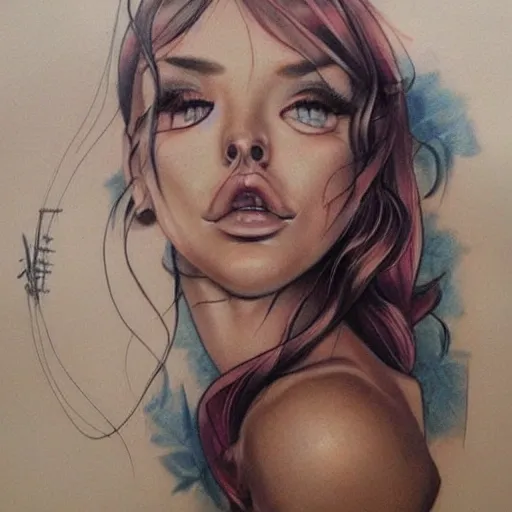 Prompt: tattoo design, beautiful portrait of a girl looking up and to the right by artgerm, artgerm