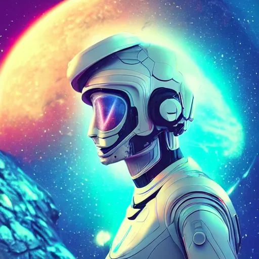 Image similar to a far away beautiful feminine woman in a futuristic spacesuit flying through space with galaxies in the back, epic lighting, digital art, vector art, artwork by beeple and lisa frank, fantasy, intricate, highly detailed, artstation, octane render