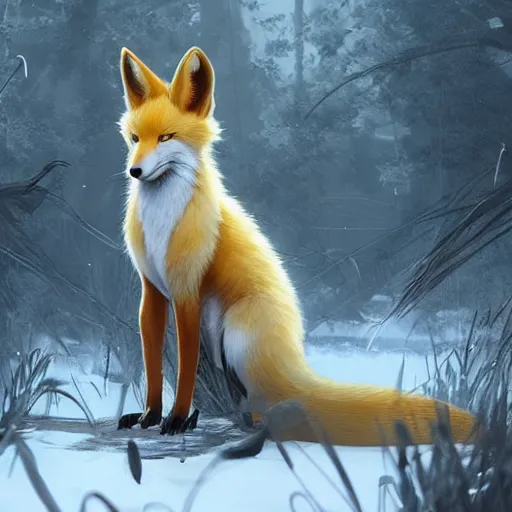 Prompt: kitsune three - tailed fox, realistic, 5 0 mm bokeh, extremely detailed, unreal engine 5, rtx reflections, concept art by artgerm, greg rutkowski, alphonse mucha