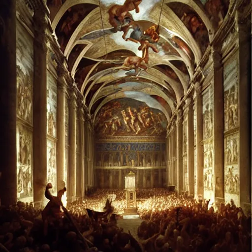 Image similar to the sistine chapel breaks in half as a portal from hell opens up, lucifer morningster emerges along with hordes of demons, the terrified priests and the pope look at the scene with terror in their eyes. highly detailed painting by gaston bussiere, greg rutkowski, craig mullins 8 k