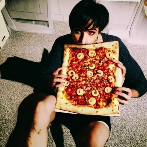 Prompt: “an emo femmeboi eating pizza and Cheerios for lunch”