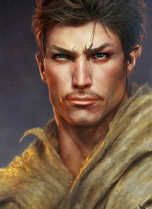 Image similar to a ultra realistic fantasy portrait painting of a male warrior, ultra detailed, art by ralph horsley, swanland, sabbas, dynamic lighting,. cinematic lighting