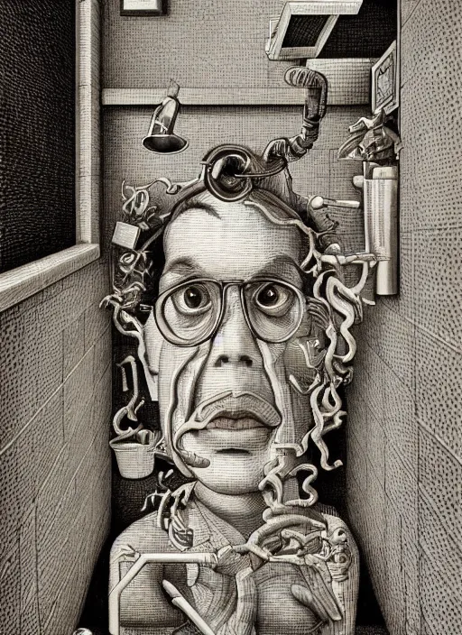 Image similar to a portrait of a school teacher, 🚿🗝📝, 8 k, lowbrow, in the style of mc escher and hr giger,