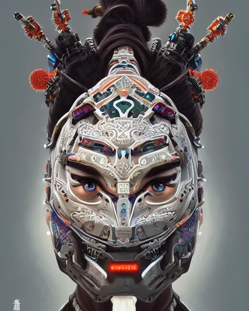 Image similar to portrait of a machine from horizon zero dawn, machine face, upper half portrait, decorated with chinese opera motifs, asian, bian lian, traditional chinese art, intricate, elegant, highly detailed, symmetry, digital painting, artstation, concept art, smooth, sharp focus, illustration, art by artgerm and greg rutkowski and alphonse mucha, 8 k