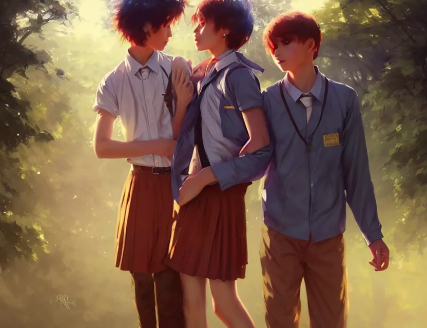 Image similar to a beautiful fashion big eye girl wear flashy dress and a handsome boy wear school uniform in festival | | sunny, dreamlike art, mist, realistic shaded, smile, good looking, fine details, 4 k realistic, cryengine, realistic shaded lighting poster by greg rutkowski, magali villeneuve, artgerm, jeremy lipkin and michael garmash and rob rey