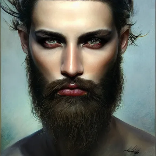 Prompt: photorealistic painting of a male face with piercings, realistic eyes, symmetric face, beautiful bone structure, piercing in nose, piercing in eyebrow, beard, dark blonde long hair, painting by gaston bussiere