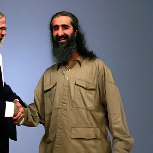 Image similar to george w bush shaking hands with osama bin laden, 8k cinematic lighting, very sharp detail, anatomically correct