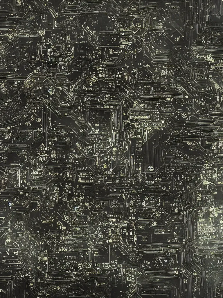 Image similar to big technology, intricate circuit board, cpu, bios chip, led, lcd display, integrated circuits, cmos, capacitors, intricate concept art matte painting, cyberspace, nature grotesque dark