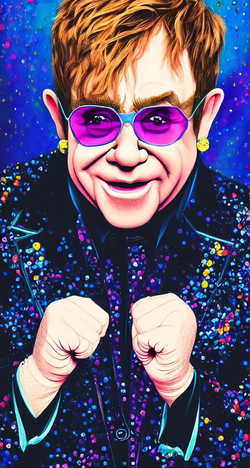 Image similar to a beautiful artwork illustration, detailed, elton john in a fist fight, subsurface scattering, realistic, featured on flickr, wide angle, vertical orientation, very coherent, cinematic, hyper realism, high detail, 8 k