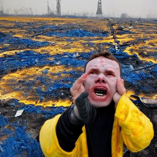 Image similar to , funny and frightened ukrainian burned to bones bleeding in dirty yellow and blue rags on the background of a huge nuclear explosion selfie 2 0 2 2