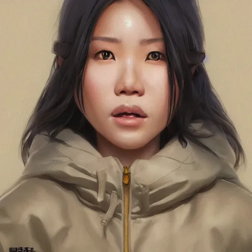 Image similar to a beautiful Filipina-Chinese woman wearing a UCR hoodie and shorts, portrait, highly detailed, digital painting, artstation, concept art, sharp focus, illustration, cinematic lighting, art by artgerm and greg rutkowski and alphonse mucha