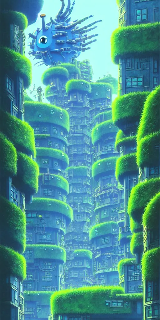 Prompt: a huge blue tiled apartment building of howl's moving castle ghibli, photorealistic, art by vincent di fate nausicaa, ghibli, breath of the wild, epic composition, green plants