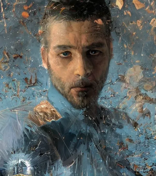 Image similar to portrait of muscular, tired and alcoholic 3 4 - year - old grieving man with short darkblonde hair, serious sad look in his eyes, looking down, dirty beard, blue eyes, crying tears, wearing dirty soldier uniform, on the desert, sad atmosphere, hyper realistic face, character art, art by mark brooks, cryengine, trending on artstation, digital art