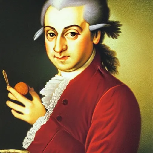 Prompt: “ wolfgang amadeus mozart eating a chocolate ball. he's wearing a powder wig and an expensive looking coat. he looks like he's savouring the taste of the chocolate. the background is out of focus, coloured deep velvet, photorealistic oil painting ”