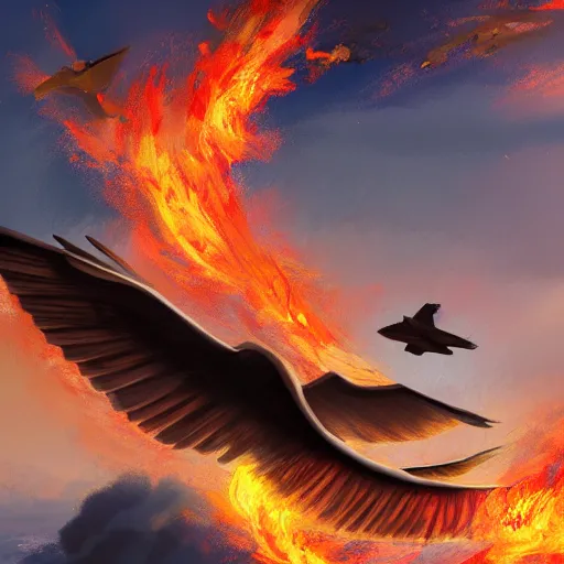 Image similar to Painting of a flying huge bird on fire trailing smoke from its wings, artstation, detailed