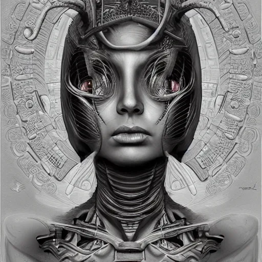 Prompt: a portrait of a feminine cyborg nymph - machina carved from stone - by tony diterlizzi, ilford hp 5, 5 5 mm, hyper realistic, super detailed by artgerm, tomasz alen kopera, peter mohrbacher, hyper - goth, horror - core, joseph christian leyendecker and h. r