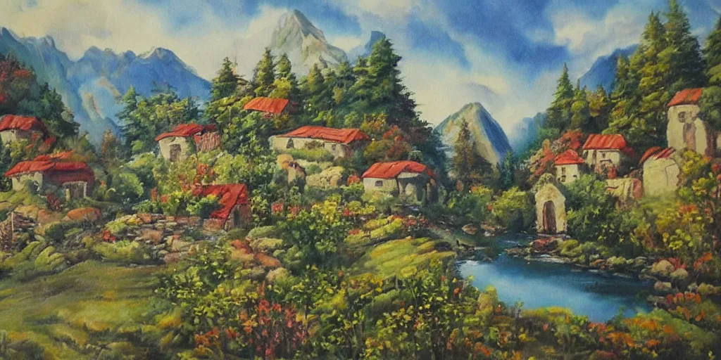 Prompt: very very very beautiful painting of a village between mountains