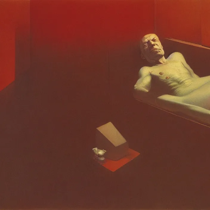 Image similar to portrait painting of a man waking up in the morning, science fiction, Edward Hopper and James Gilleard, Zdzislaw Beksinski, highly detailed