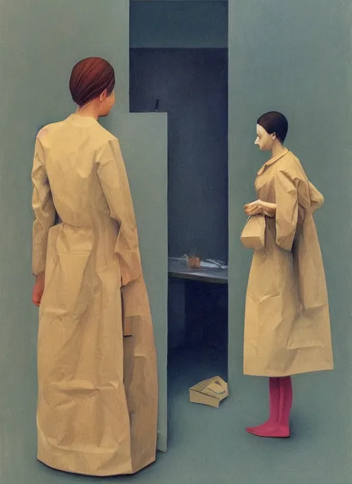 Image similar to woman wearing paper bags for clothes standing inside paper bags at store display Edward Hopper and James Gilleard, Zdzislaw Beksinski, highly detailed