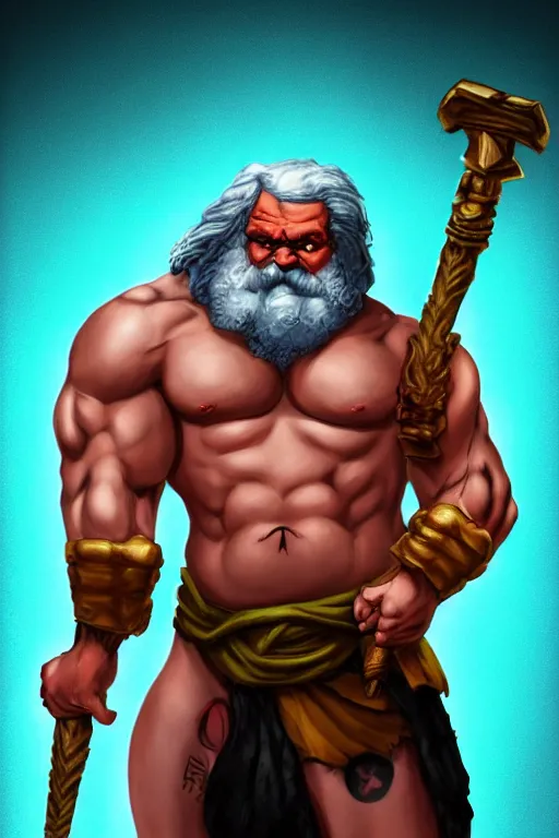 Prompt: character portrait of buff barbarian karl marx with a tattoo of an eye on the forehead, dungeons and dragons artwork, dynamic composition, dramatic lighting, trending on artstation, award winning art, stylized painting by leonardo da vinci, raphael and richard corben, concept art, 4 k, 8 k, gold and teal color scheme